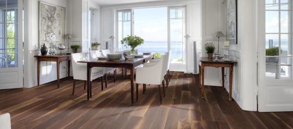 sea view dining room and table with luxury wood flooring